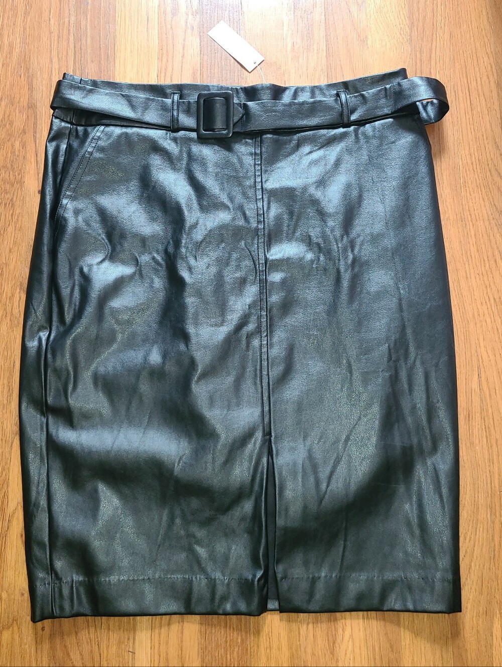NY&C Women's Black Faux Leather Pencil Skirt W/ Belt & Pockets Size XL